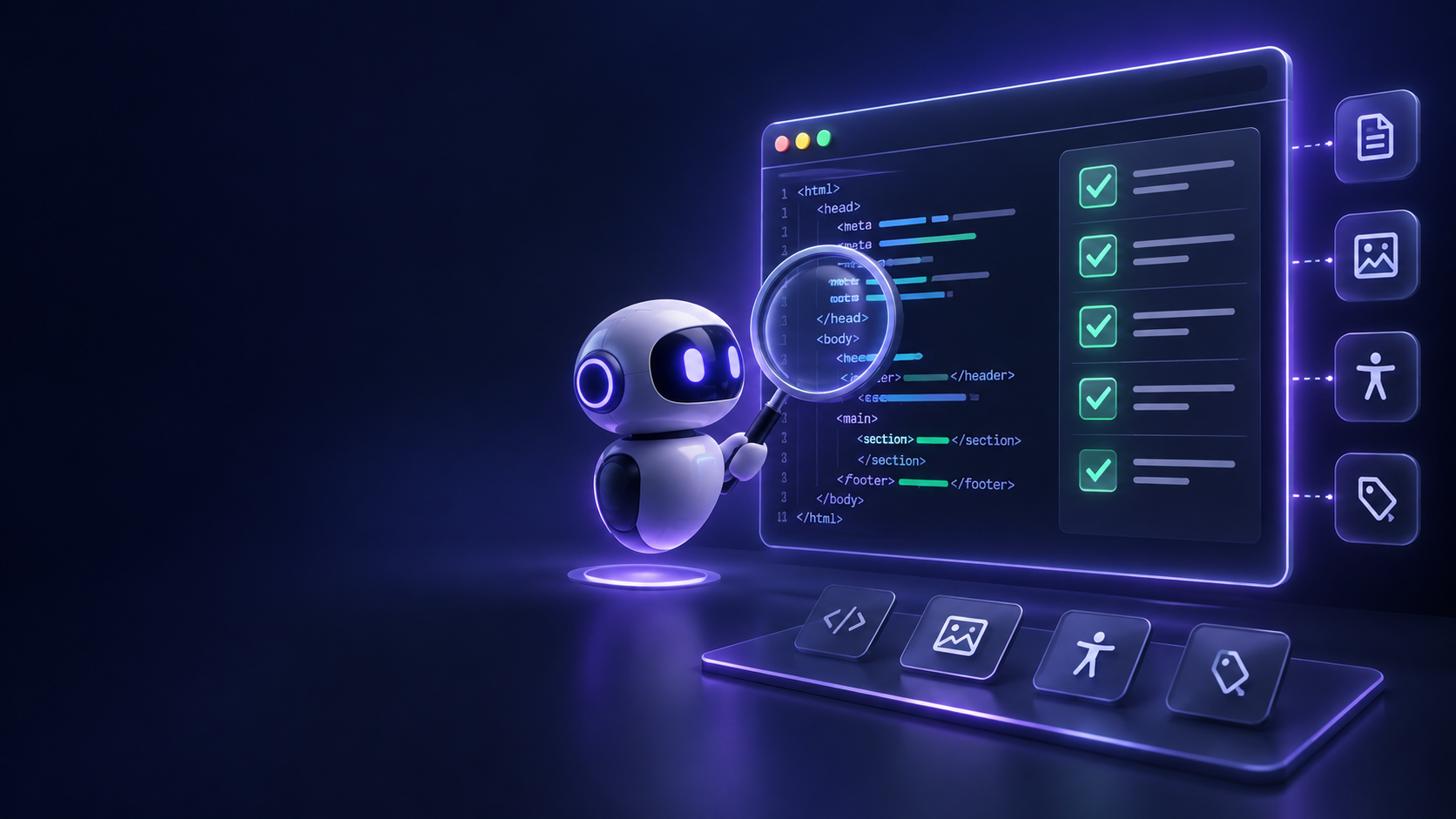 Illustration of an AI reviewing HTML code and an accessibility checklist